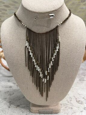 Bronze Toned Beaded Fringe Statement Necklace